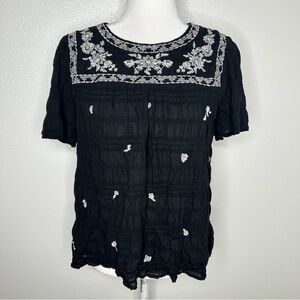 Knox Rose Womens Black Embroidered Short Sleeve Boho Peasant Top Size M